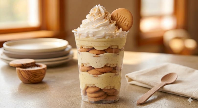 Banana pudding parfait with whipped cream and a Nilla wafer in a clear cup.